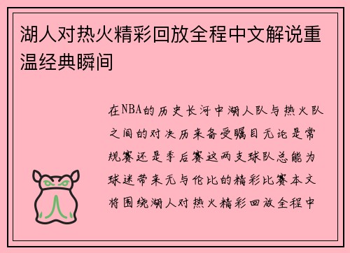 湖人对热火精彩回放全程中文解说重温经典瞬间